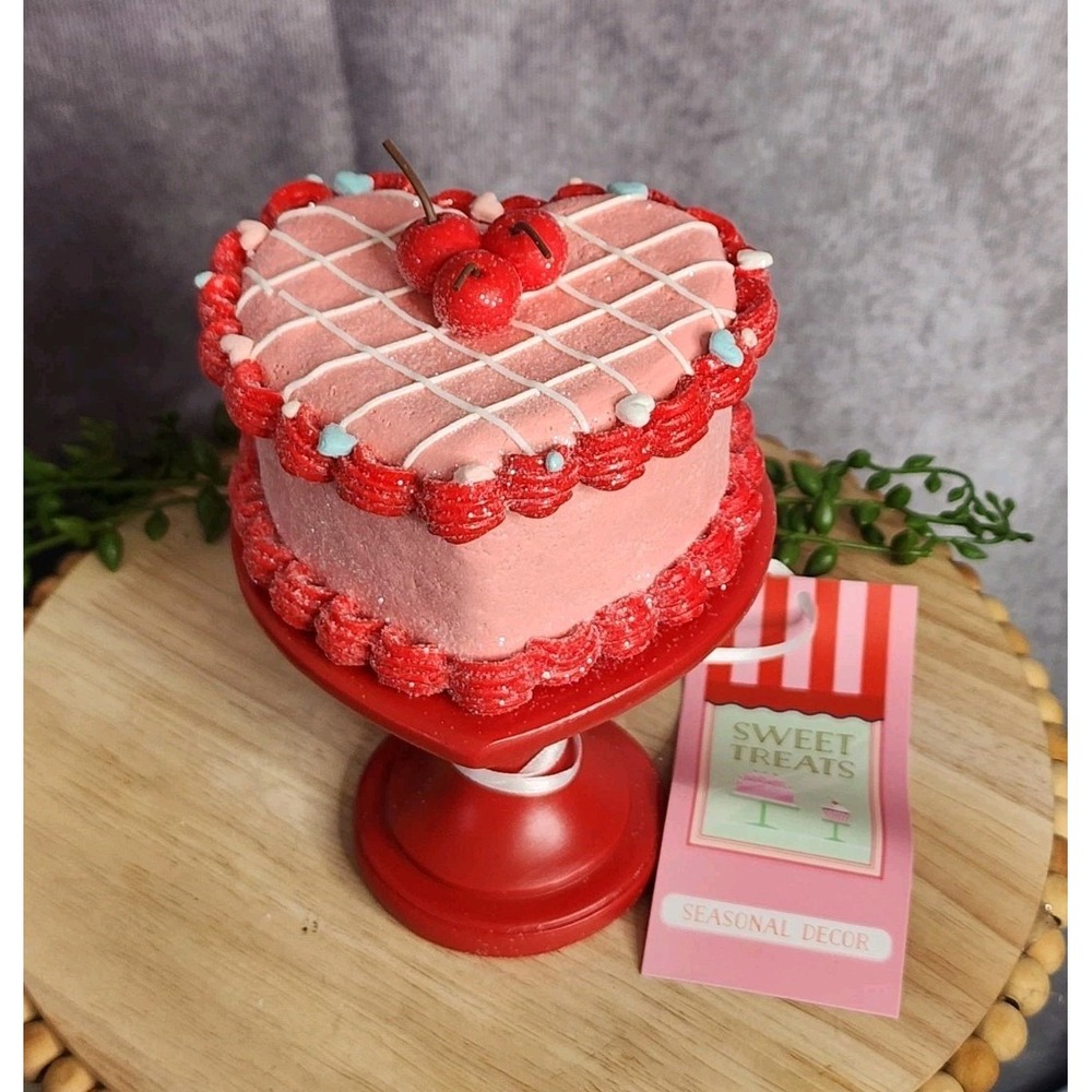 Valentine's Day Sweet Treats Heart Cake with Cherries Pink Red‎ Pedestal 6" NEW